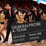 Plakat- Große Generalprobe der Blau-Weiss Buchholz A-Lateinformation am 30.10.2025 in der Nordheidehalle Buchholz zur Vorbereitung auf die DM