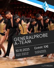 Plakat- Große Generalprobe der Blau-Weiss Buchholz A-Lateinformation am 30.10.2025 in der Nordheidehalle Buchholz zur Vorbereitung auf die DM